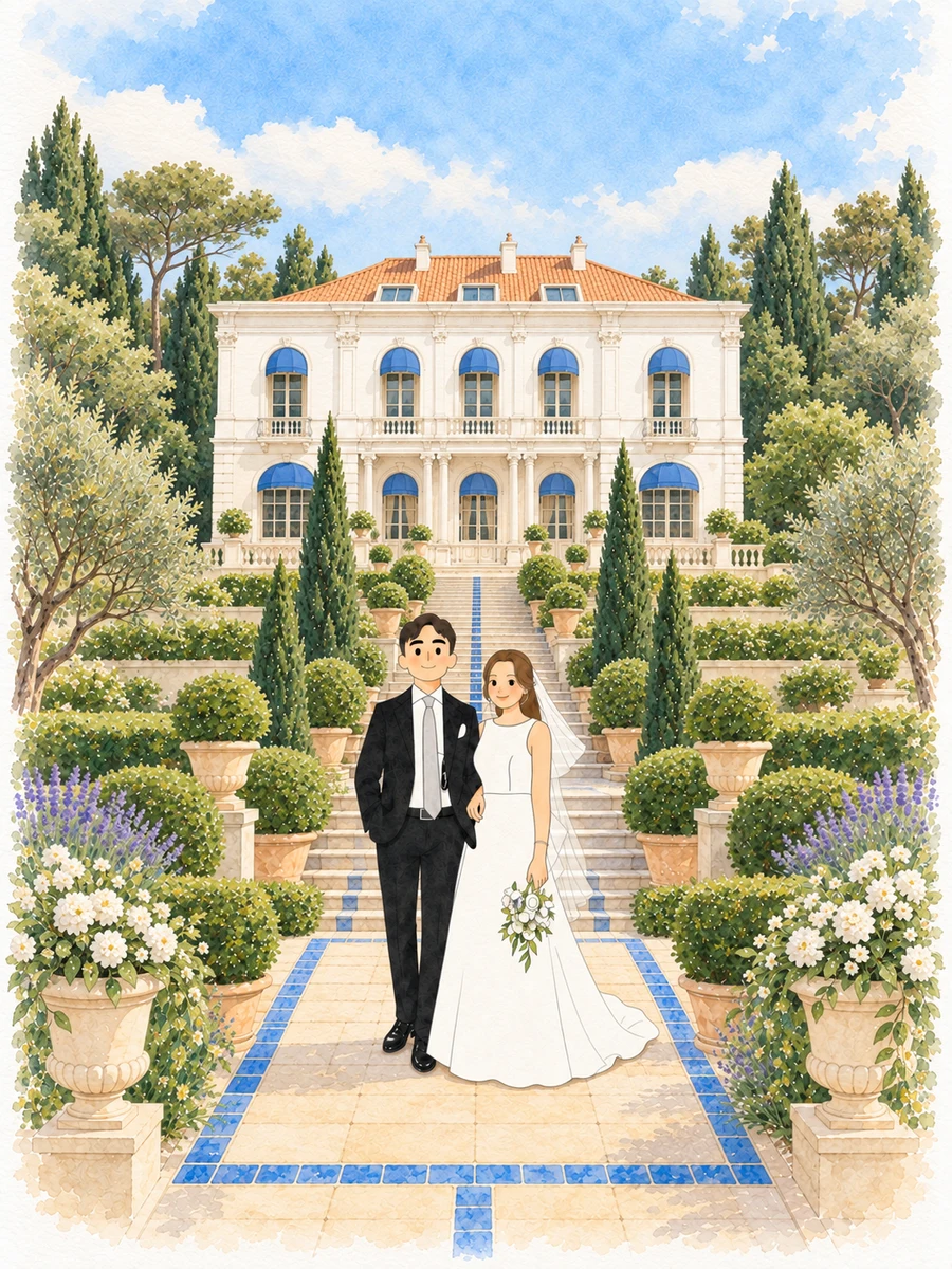 Jenny 和 Reno 站在 Domaine Rocabella 的花园小径上